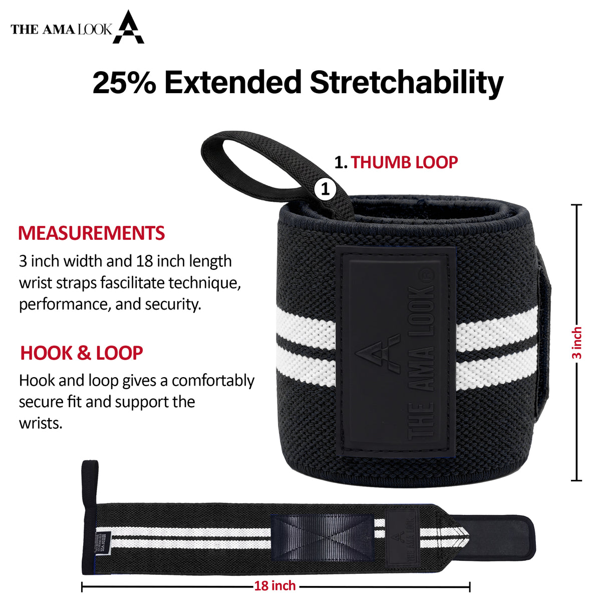 THE AMA LOOK Premium Weight Lifting Wrist Wraps BW