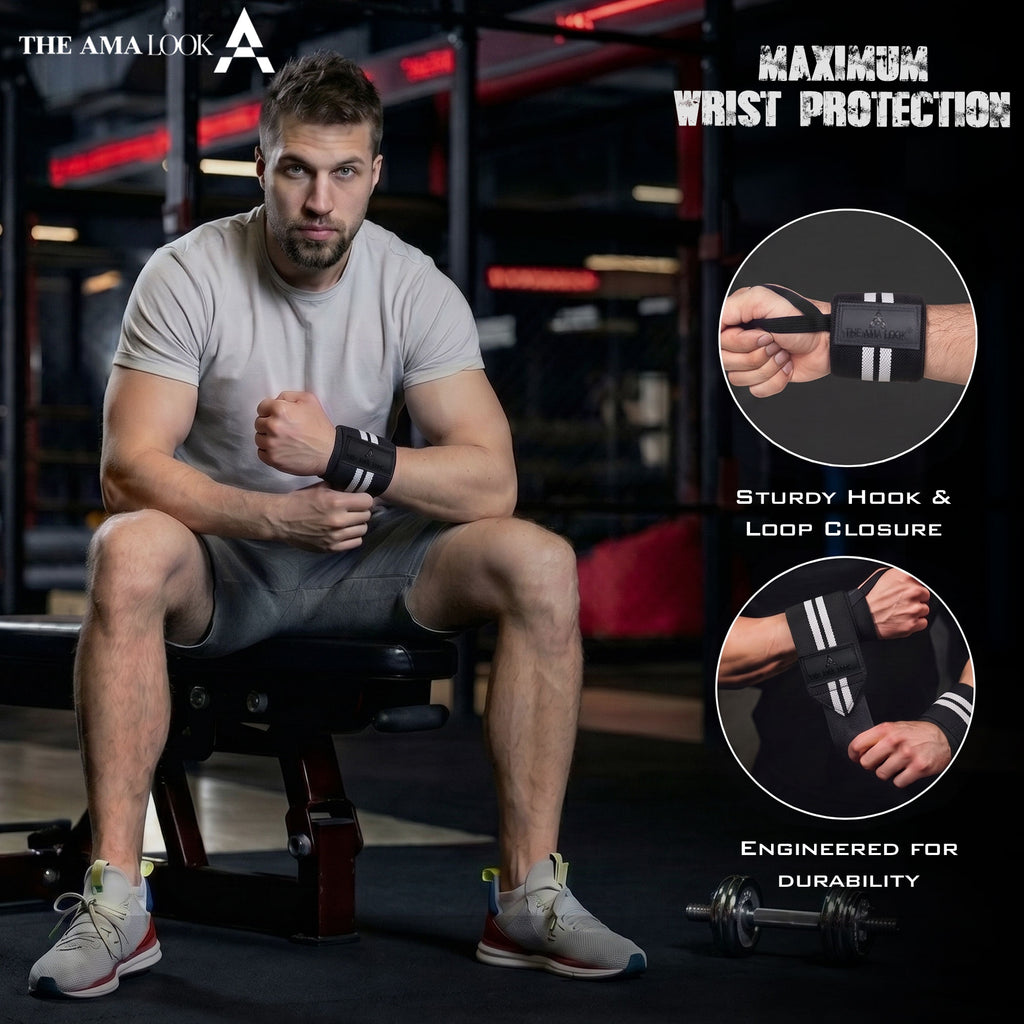 THE AMA LOOK Premium Weight Lifting Wrist Wraps BW